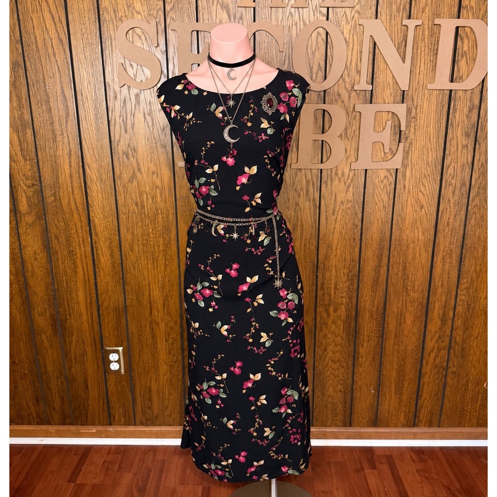 90s Black Flora Maxi Dress Studio Ease Women 14W Y2K Romantic Dark Feminine Rose